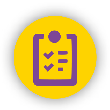 Ein Icon einer violetten Checkliste vor einem gelben Hintergrund