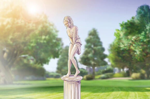 Eine Statue einer Frau, welche ihre Beine zusammendrückt als würde sie dringen auf die Toilette gehen müsste